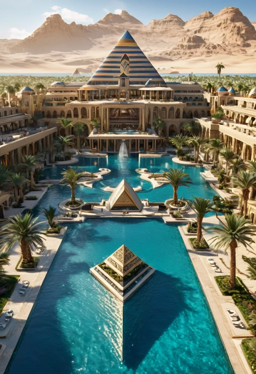 a screenshot of a hotel with a pool and a pyramid in the background, a pool inside the giant palace, very detailed paradise, luxury castle, in a futuristic desert palace, incredible masterpiece, luxurious, hyper luxurious, extremely opulent, atlantis city, floating palace, futuristic persian palace, desert oasis, wonderful masterpiece, oasis in the desert, built in the egyptian desert