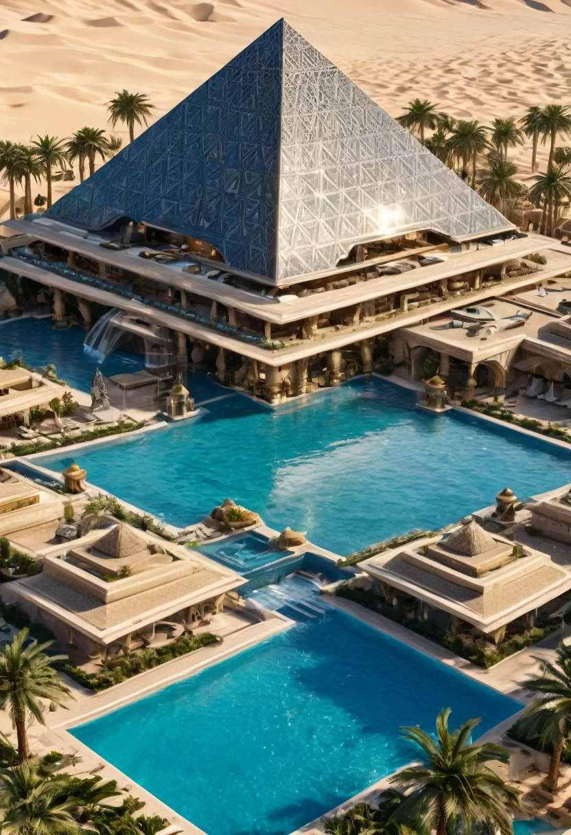 a screenshot of a hotel with a pool and a pyramid in the background, a pool inside the giant palace, very detailed paradise, luxury castle, in a futuristic desert palace, incredible masterpiece, luxurious, hyper luxurious, extremely opulent, atlantis city, floating palace, futuristic persian palace, desert oasis, wonderful masterpiece, oasis in the desert, built in the egyptian desert