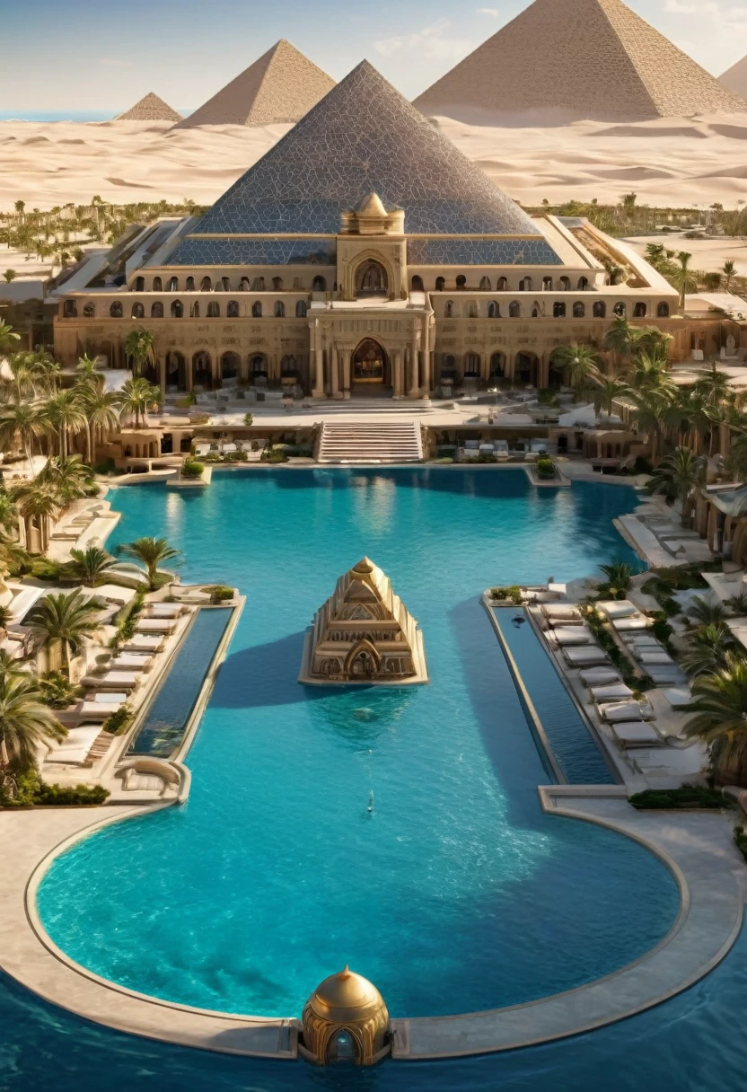 a screenshot of a hotel with a pool and a pyramid in the background, a pool inside the giant palace, very detailed paradise, luxury castle, in a futuristic desert palace, incredible masterpiece, luxurious, hyper luxurious, extremely opulent, atlantis city, floating palace, futuristic persian palace, desert oasis, wonderful masterpiece, oasis in the desert, built in the egyptian desert