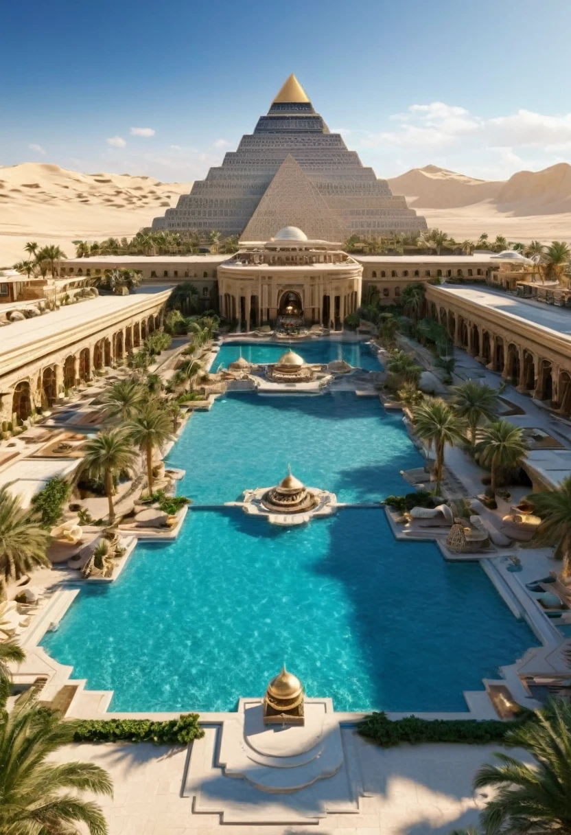 a screenshot of a hotel with a pool and a pyramid in the background, a pool inside the giant palace, very detailed paradise, luxury castle, in a futuristic desert palace, incredible masterpiece, luxurious, hyper luxurious, extremely opulent, atlantis city, floating palace, futuristic persian palace, desert oasis, wonderful masterpiece, oasis in the desert, built in the egyptian desert