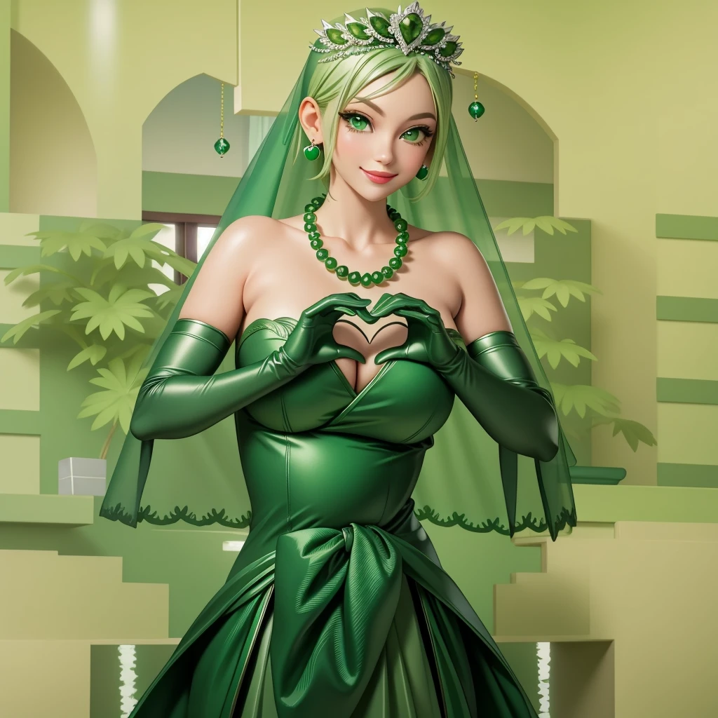 Emerald tiara, Green Pearl Necklace, Boyish very short green hair, Green Lips, Smiling Japanese woman, Very short hair,  beautiful lady, Green Eyes, Green satin long gloves, Green Eyes, Emerald Earrings, Green veil, Heart with both hands, Green Hair, Beautiful Japanese Women, Heart shaped hands:1.3, green lip gloss, pregnant