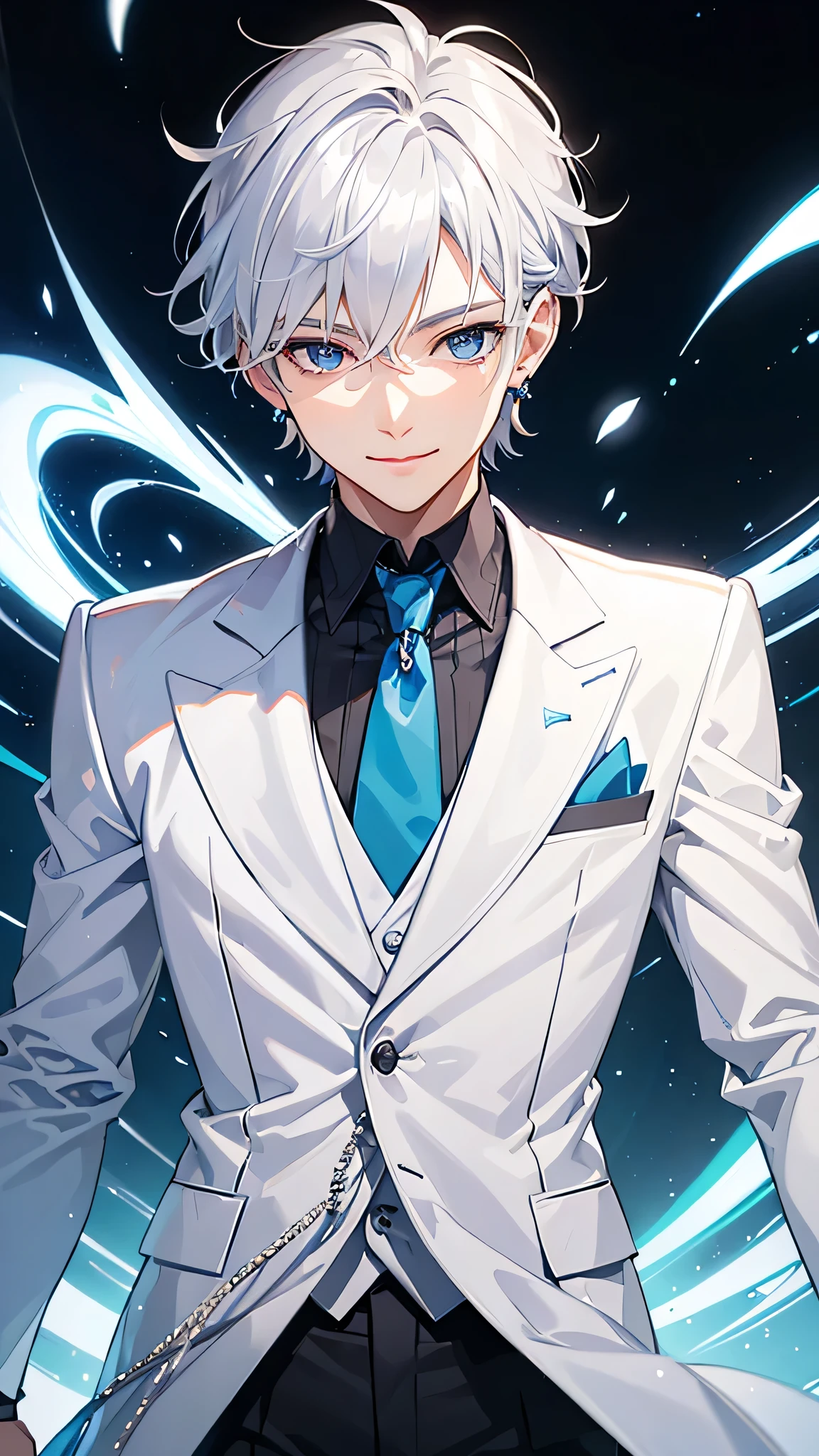 a young man, silver hair, blue inner, blue eyes, smiling, white suit, white necktie, short hair, shiny hair, earrings, cheerful smile, bright eyes, closeup, anime style, high quality, 8k, detailed, photorealistic, professional, vivid colors, studio lighting