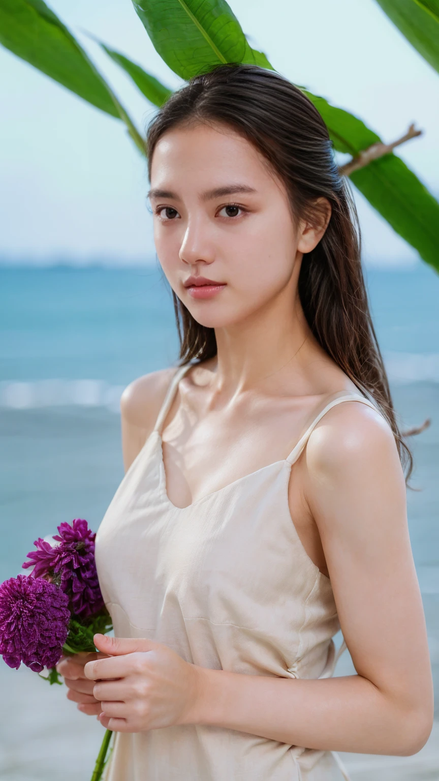 20-year-old、Cute Japanese Woman、barefoot、(((Extremely precise and accurate anatomical depiction)))、Realisticな写真のような描写 (photo Realistic:1.4)、Hyper-realistic detail (hyper Realistic:1.4)、Highest qualityのRealisticな肌の質感 (Highest qualityのRealisticな肌の質感:1.4)、Enhances the beauty of skin texture (Enhances the beauty of skin texture:1.1)、Clean and glowing skin、Realisticなライティング (Realistic:1.3)、Smoother lighting (Smoother lighting:1.05)、Cinema Lighting Quality (Improving the quality of cinema lighting:0.9)、Backlighting and gentle face lighting、レイトレーシングとBright light (Bright light:1.2)、32K resolution、Fine grain and detailed face (Film Grain:1.1)、Accentuates body lines (Accentuates body lines:1.1)、Natural look and natural background、Kind and beautiful eyes、Improves hair quality、Fine hair texture、Delicate light and shadow、Transparent muscles、Graceful pose、Sharp details and soft light reflections、Beautiful contours and subtle skin toneasterpiece), (Highest quality), (Very detailed),(Disheveled Hair),(shape), (One Girl), (Summer clothes), Are standing, Fashion Model, View your audience, (interview), (Beach),Beautiful details, Delicate and beautiful face, floating,(High saturation),(Colorful splashes),Colorful bubbles,(The Shining), Focus on the face,  Hair Ring, Floating Flowers, Floating Hair, (The Shining), Best lighting, Best Shadow,