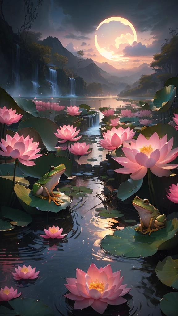 There are many pink flowers and a frog in the water, Beautiful Numbers艺术作品, Relaxation concept art, Beautiful art UHD 4K, 4k highly detailed digital art, Li Song, by Liang Kai, author:Yang J, author Victor Wang, author:Ju Chao, Beautiful Numbers, wlop 和 ross tran, Lotus Pond, By Reuben Tan, Huang Shen