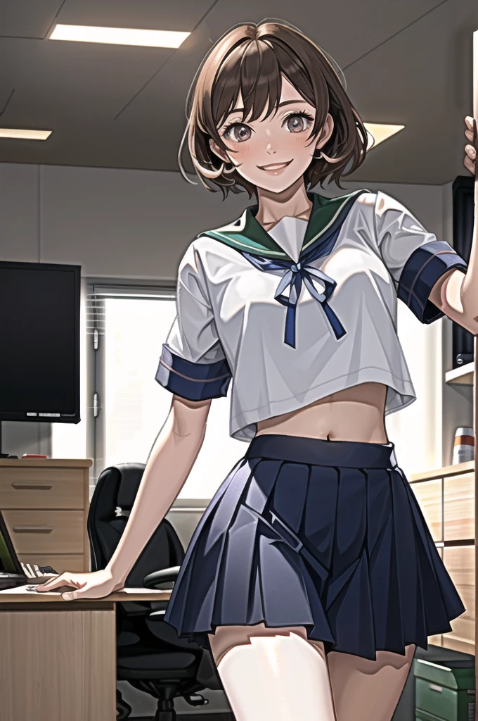 oboro \(Fleet Collection\), One Girl, alone, skirt, , Sailor suit, blue skirt, pleated skirt, White Background, Sailor collar, (indoor, office, living room), , belly button, blue Sailor collar, Cowboy Shot, smile, abdomen, Short sleeve, shirt, abdomen peek, white shirt, original, Intricate details, shape, masterpiece, Highly detailed CG Unity 8K wallpapers, highlight, polish, dynamic,  