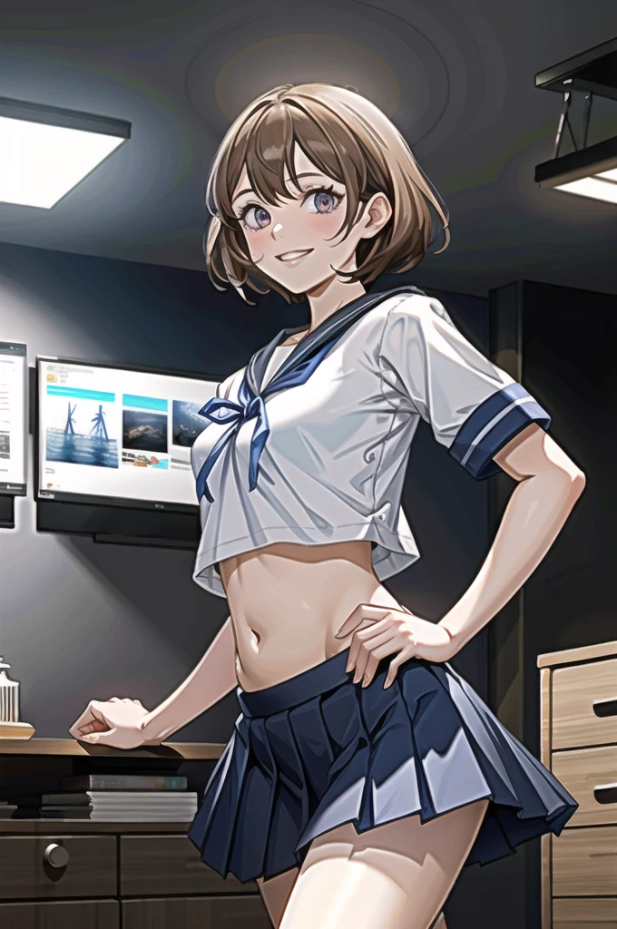 oboro \(Fleet Collection\), One Girl, alone, skirt, , Sailor suit, blue skirt, pleated skirt, White Background, Sailor collar, (indoor, office, living room), , belly button, blue Sailor collar, Cowboy Shot, smile, abdomen, Short sleeve, shirt, abdomen peek, white shirt, original, Intricate details, shape, masterpiece, Highly detailed CG Unity 8K wallpapers, highlight, polish, dynamic,  