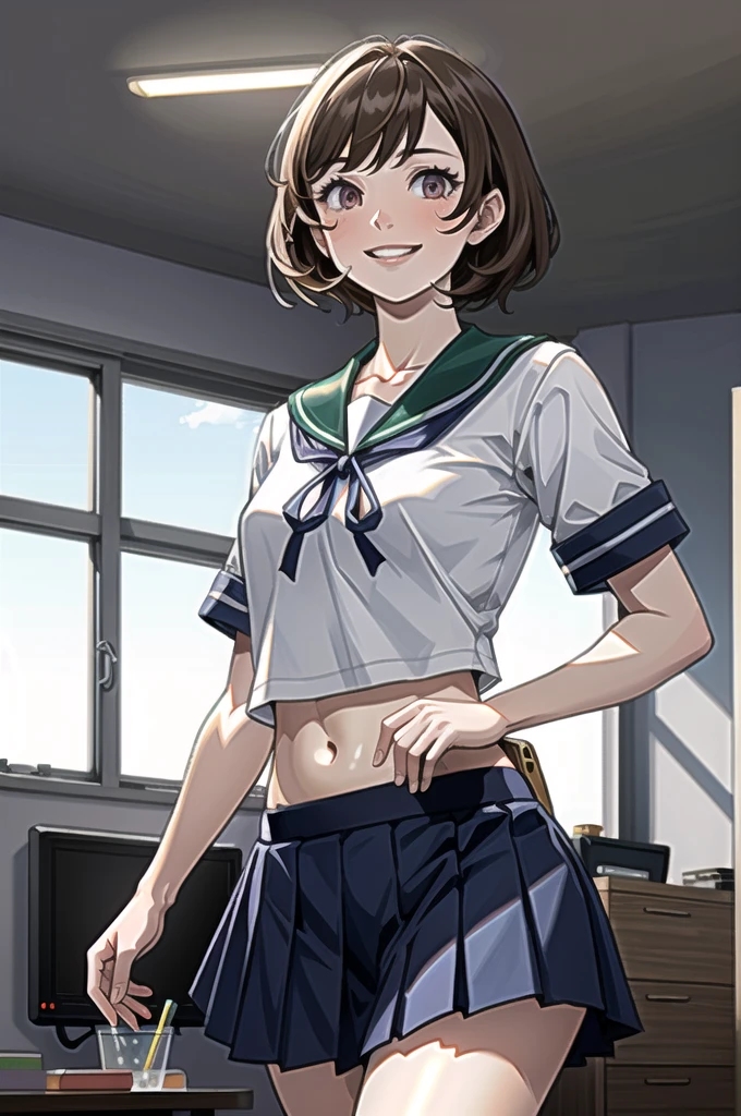 oboro \(Fleet Collection\), One Girl, alone, skirt, , Sailor suit, blue skirt, pleated skirt, White Background, Sailor collar, (indoor, office, living room), , belly button, blue Sailor collar, Cowboy Shot, smile, abdomen, Short sleeve, shirt, abdomen peek, white shirt, original, Intricate details, shape, masterpiece, Highly detailed CG Unity 8K wallpapers, highlight, polish, dynamic,  