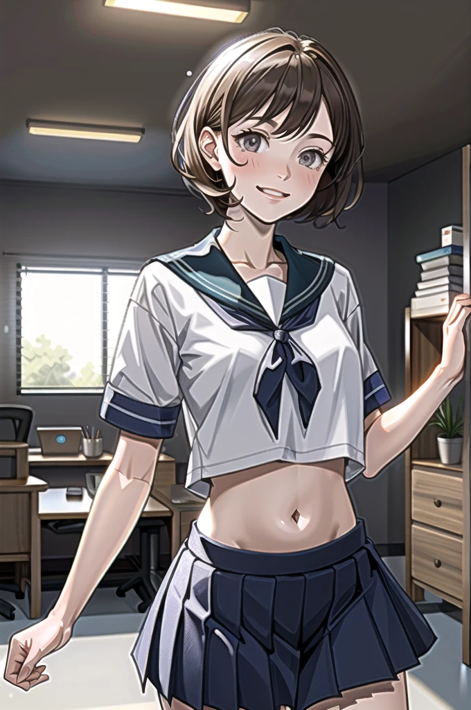 oboro \(Fleet Collection\), One Girl, alone, skirt, , Sailor suit, blue skirt, pleated skirt, White Background, Sailor collar, (indoor, office, living room), , belly button, blue Sailor collar, Cowboy Shot, smile, abdomen, Short sleeve, shirt, abdomen peek, white shirt, original, Intricate details, shape, masterpiece, Highly detailed CG Unity 8K wallpapers, highlight, polish, dynamic,  