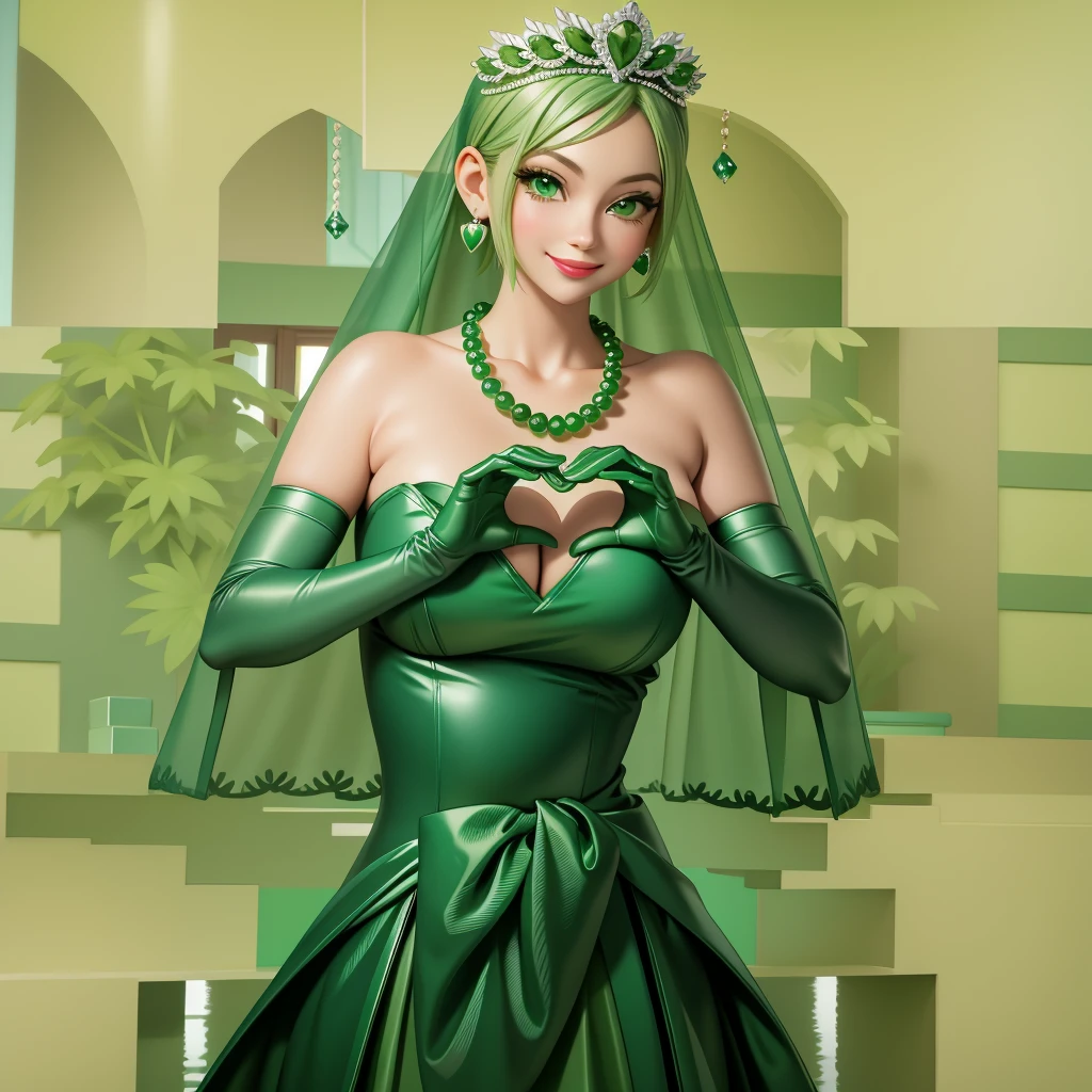 Emerald tiara, Green Pearl Necklace, Boyish very short green hair, Green Lips, Smiling Japanese woman, Very short hair, Busty beautiful lady, Green Eyes, Green satin long gloves, Green Eyes, Emerald Earrings, Green veil, Heart with both hands, Green Hair, Beautiful Japanese Women, Heart shaped hands:1.3, green lip gloss, pregnant