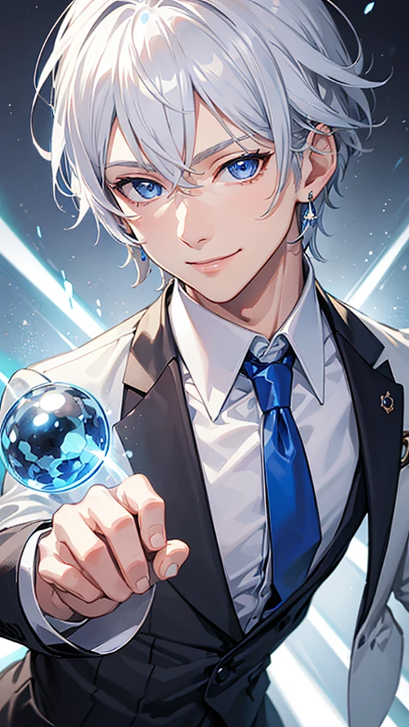 a young man, silver hair, blue inner, blue eyes, smiling, white suit, white necktie, short hair, shiny hair, earrings, cheerful smile, bright eyes, closeup, anime style, high quality, 8k, detailed, photorealistic, professional, vivid colors, studio lighting