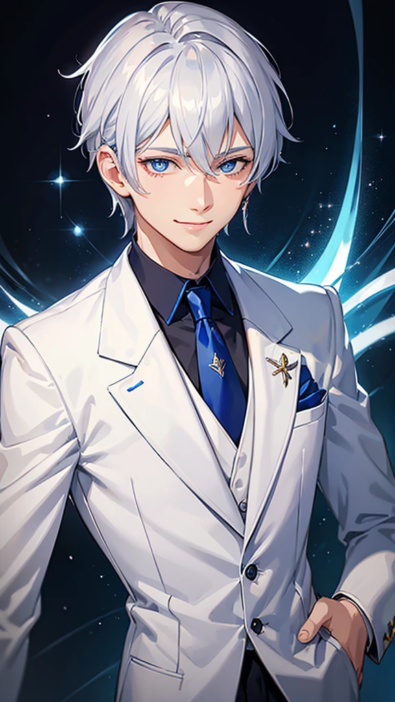 a young man, silver hair, blue inner, blue eyes, smiling, white suit, white necktie, short hair, shiny hair, earrings, cheerful smile, bright eyes, closeup, anime style, high quality, 8k, detailed, photorealistic, professional, vivid colors, studio lighting