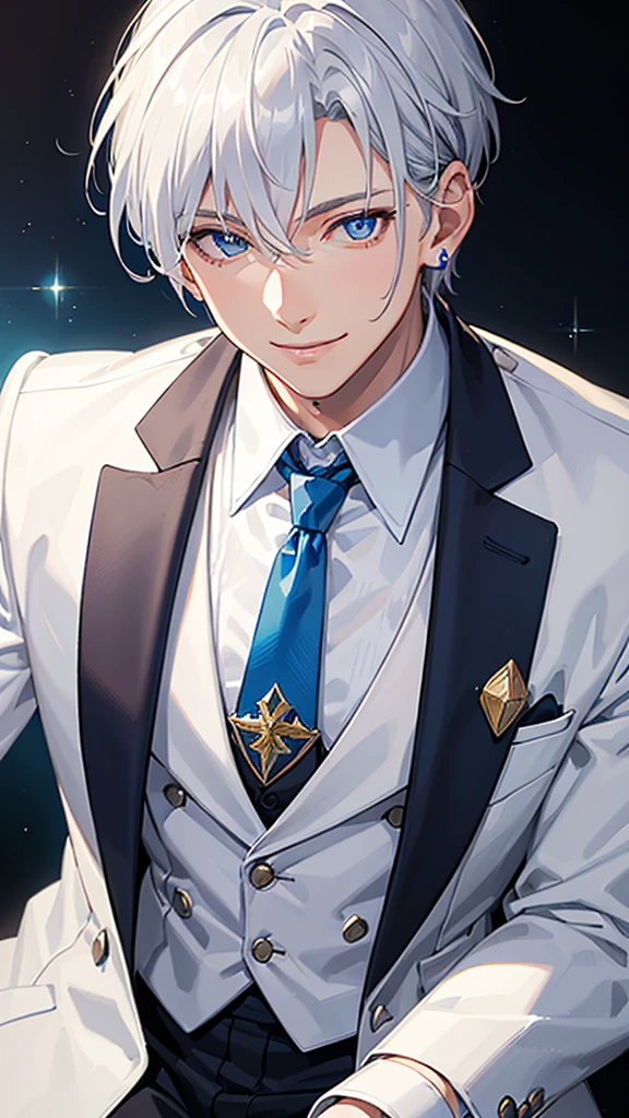 a young man, silver hair, blue inner, blue eyes, smiling, white suit, white necktie, short hair, shiny hair, earrings, cheerful smile, bright eyes, closeup, anime style, high quality, 8k, detailed, photorealistic, professional, vivid colors, studio lighting