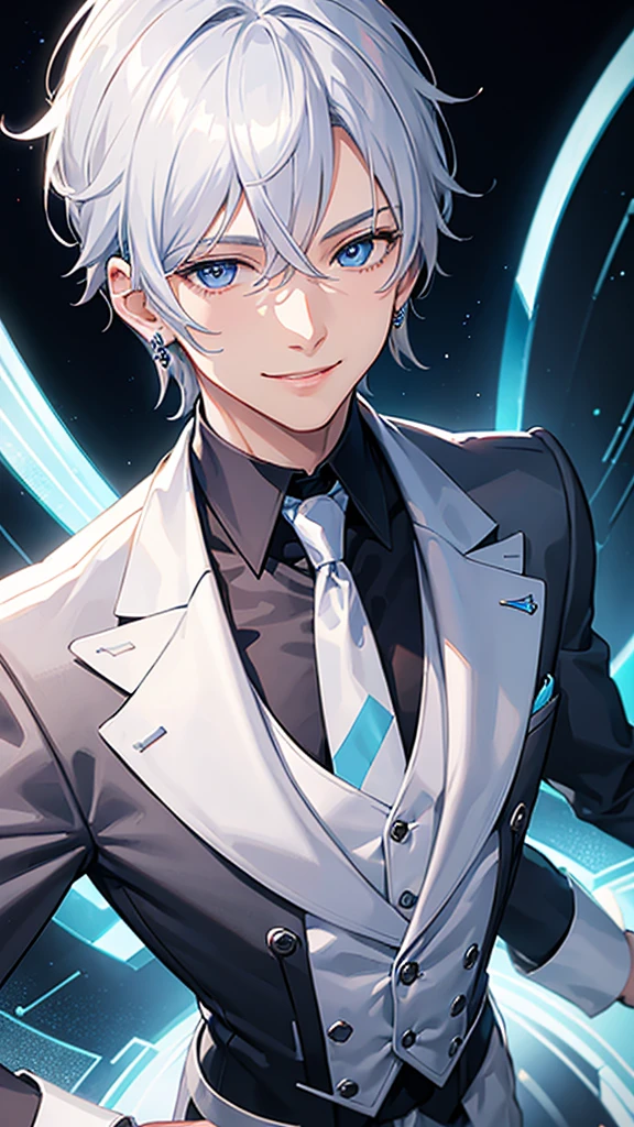 a young man, silver hair, blue inner, blue eyes, smiling, white suit, white necktie, short hair, shiny hair, earrings, cheerful smile, bright eyes, closeup, anime style, high quality, 8k, detailed, photorealistic, professional, vivid colors, studio lighting