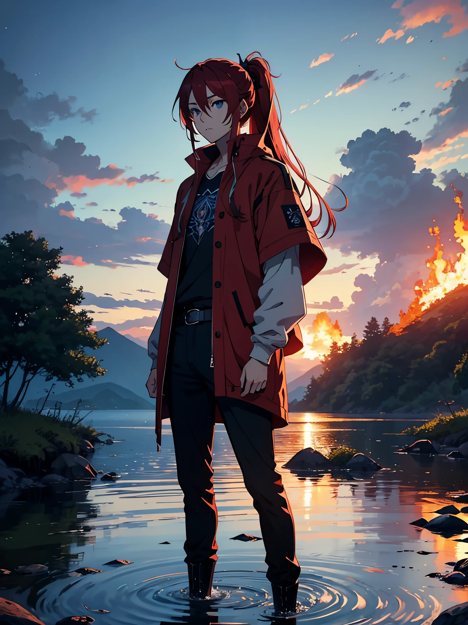 Zopf. Ponytail. More anime style. blue flames. 2d. flatter. anime style. Viking clothing. soft. More anime. Standing in a lake. More anime. More 2d. Clean. More anime. 2d. Glow. Red hair. More anime. male. Long hair. long red hair. boy, vikings. red hair. Blue eyes. fire. 