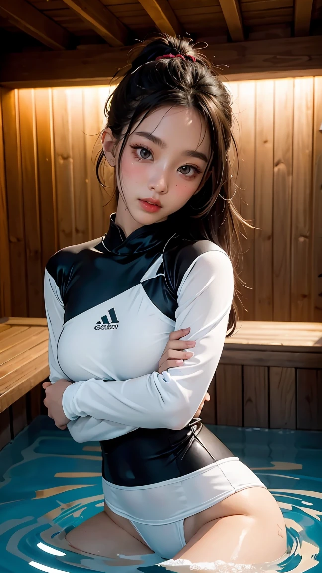 SAUNA,(Random Pose:1.5),(floating in water),(soaked),(rash guard:1.2),(Thin type),(large breasts),(random sex pose:1.5),(random hairstyle),(Highest image quality,(8K), Ultra-realistic, Best Quality, High quality, High Definition, high quality texture, high detailing, Beautiful detailed, fine detailed, extremely details CG, Detailed texture, realistic representation of face, masterpiece, presence)