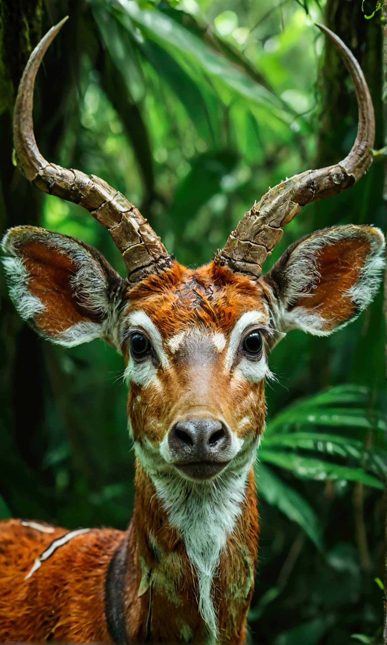 Expressive Pseudoryx nghetinhensis Dung national geographical symmetric close-up portrait shot in green jungle, deliver, Main, Tuoc High, Anamorphic Lens, Ultra-realistic, Ultra-detailed, Green Core, Jungle Core –ar 16:9 –q 2 –v 5