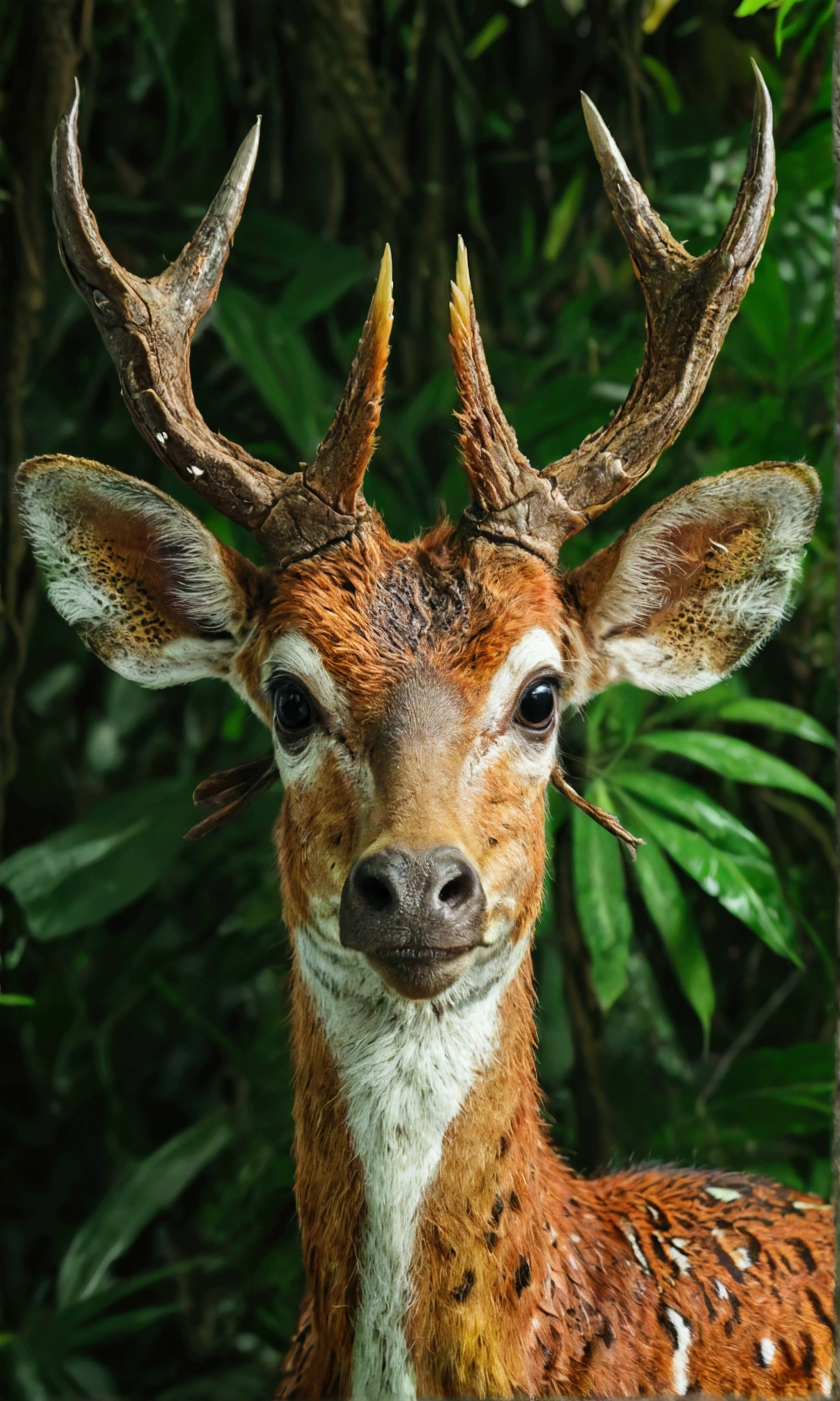 Expressive Pseudoryx nghetinhensis Dung national geographical symmetric close-up portrait shot in green jungle, deliver, Main, Tuoc High, Anamorphic Lens, Ultra-realistic, Ultra-detailed, Green Core, Jungle Core –ar 16:9 –q 2 –v 5