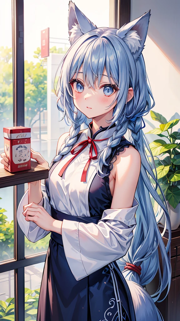 A fox girl image：Work clothes，new Chinese style;Everyday wear，Try various modern styles。Hair color: granny gray，Pick a touch of blue;Fox image，White Fox Pick Blue。Big fox ears in front of the morning(Refer to the current Daling avatar)，Human ears covered by hair and red braided rope，Appears as a hair tie、Work performance is post-production、Daily performance is side braid、Fox image表现为项圈，The arms, shoulders and neck have technological patterns。Weird and funny words;Low sense of humor in communication;Expressing chatterbox，Easy to immerse yourself;Comprehension is a bit funny，Because we are exploring modern human society。Pig&#39;s trotter tilted，The background is antique