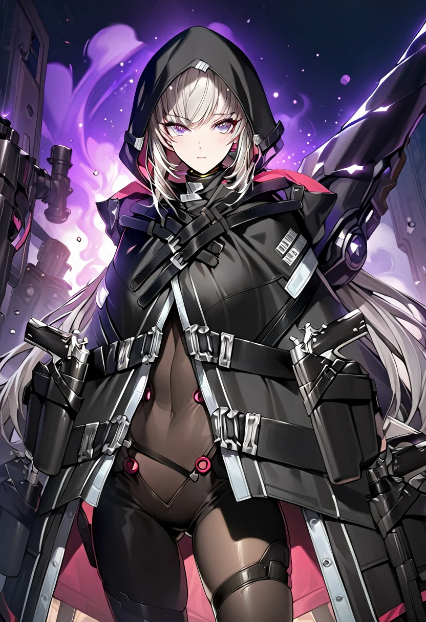 absurdres, by famous artist, exquisite, cowboy shot, hood, jacket, body suit, black clothes, black wear, weapon,(((purple eyes))),, masterpiece, super fine illustration, ultra high res, masterwork, best quality, cg unity 8k wallpaper, official art, ultra detailed, finely quality eyes, accurate face parts, perfect face, perfect eyes, ultra detailed beautiful face, ultra detailed beautiful eyes, light eyes, even eyes, clear eyes, symmetrical eyes, (((breasts))), gleaming skin, oil skin, shiny skin, (((black pantyhose, black tights))), beautiful and aesthetic, High quality, extremely detailed, extremely detailed cg unity 8k wallpaper, super detailed skin, hdr, highers, extremely detailed beautiful face, 16k, finely detail, Amazing, top quality, distinct image, vibrant details, professional art, finely detailed face, a face of perfect proportion, high detailed face, beautiful,