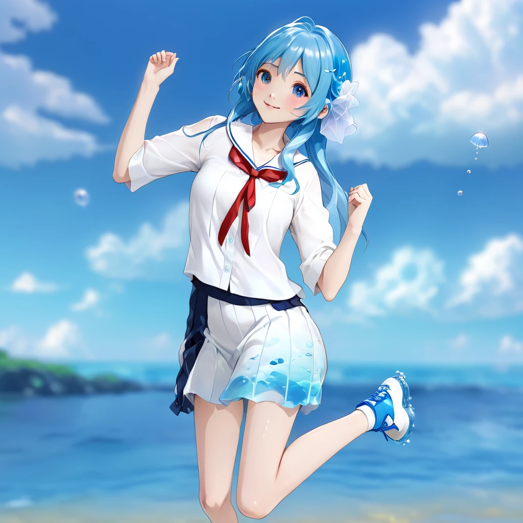Anime girl with blue hair, white shirt and blue shoes, Jellyfish Shrine Maiden 8k, rei hiroe, Inspired by Rei Kamoi, Mikudayo, Anime girl running, Anime-style 3D, Pause(Raise the hand + Happy), 3d anime girl, Anime girl walking on water, render of a cute 3d anime girl, Anime-style characters