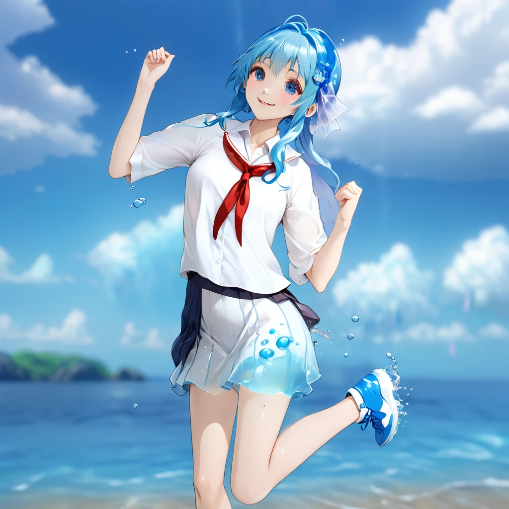 Anime girl with blue hair, white shirt and blue shoes, Jellyfish Shrine Maiden 8k, rei hiroe, Inspired by Rei Kamoi, Mikudayo, Anime girl running, Anime-style 3D, Pause(Raise the hand + Happy), 3d anime girl, Anime girl walking on water, render of a cute 3d anime girl, Anime-style characters