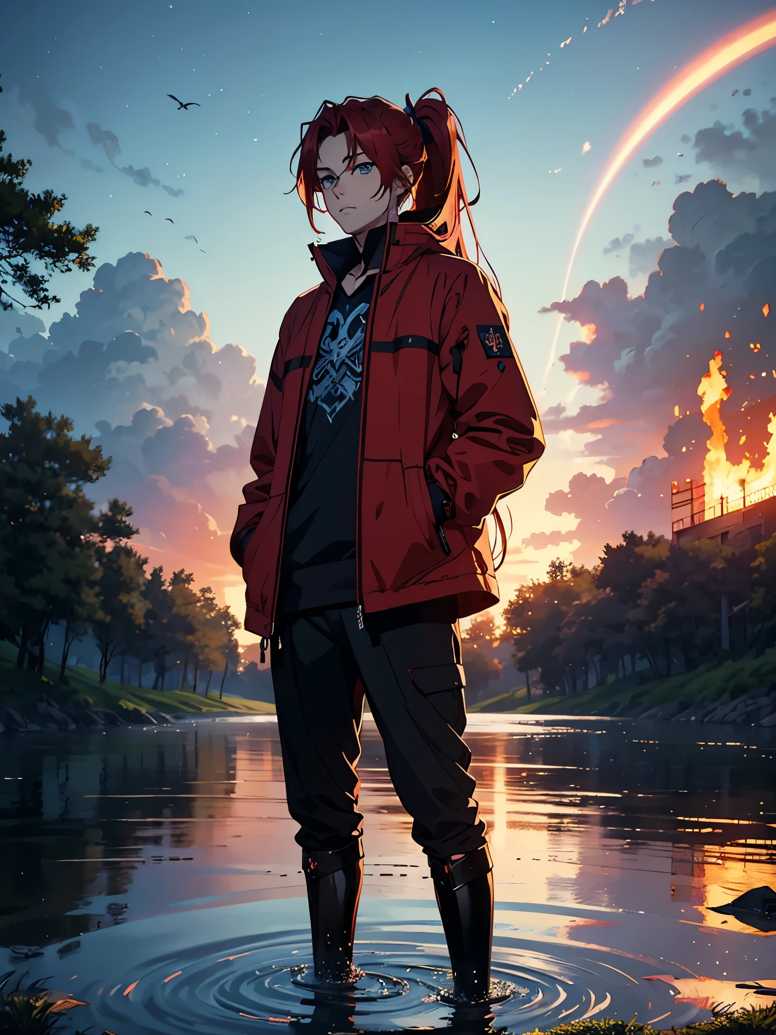Zopf. Ponytail. More anime style. blue flames. 2d. flatter. anime style. Viking clothing. soft. More anime. Standing in a lake. More anime. More 2d. Clean. More anime. 2d. Glow. Red hair. More anime. male. Long hair. long red hair. boy, vikings. red hair. Blue eyes. fire.