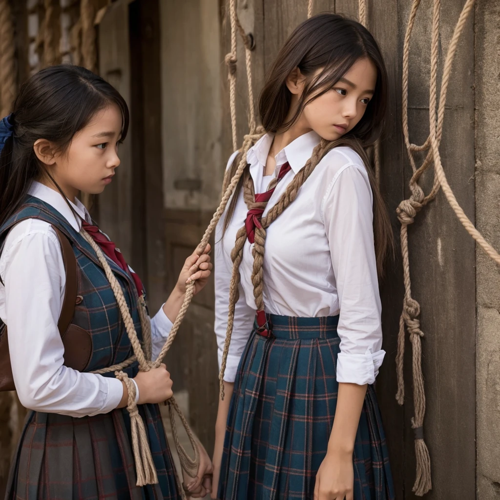 Tied up with rope,More than one person,Two schoolgirls,