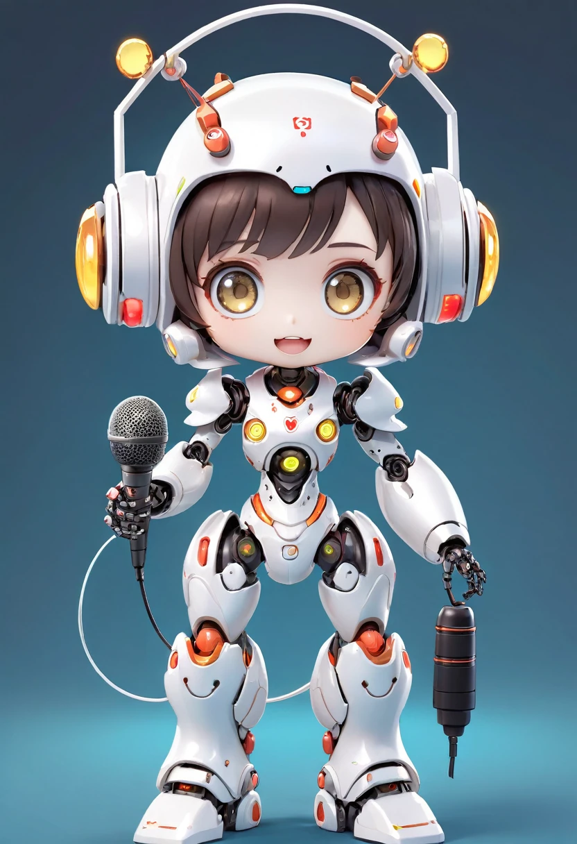 ((Board game themed robot)), 3D Rendering, Jongsuk Lee, Digital Art, Adorable glowing creatures, Nendoroid-like style, Futuristic Gear Shiny White Armor、A cute girl robot、Big eyes、antenna、Electronic display panel on chest、Holding the microphone close to his mouth while speaking、Smiling Kindly、((whole body、Background is white))、Are standing