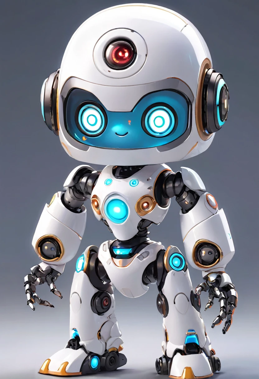 ((Board game themed robot)), 3D Rendering, Jongsuk Lee, Digital Art, Adorable glowing creatures, Nendoroid-like style, Futuristic Gear Shiny White Armor、A cute girl robot、Big eyes、antenna、Electronic display panel on chest、Holding the microphone close to his mouth while speaking、Smiling Kindly、((whole body、Background is white))、Are standing