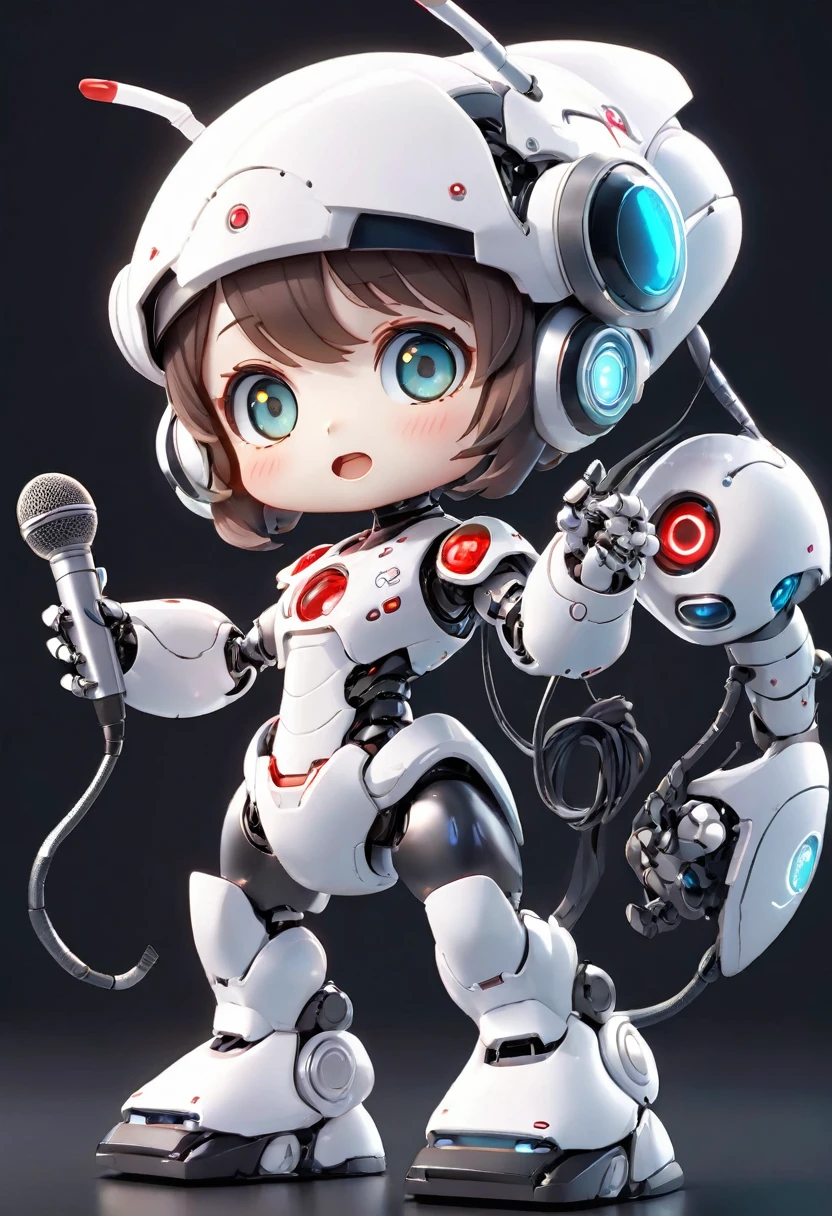 ((Board game themed robot)), 3D Rendering, Jongsuk Lee, Digital Art, Adorable glowing creatures, Nendoroid-like style, Futuristic Gear Shiny White Armor、A cute girl robot、Big eyes、antenna、Electronic display panel on chest、Holding the microphone close to his mouth while speaking、Smiling Kindly、((whole body、Background is white))、Are standing