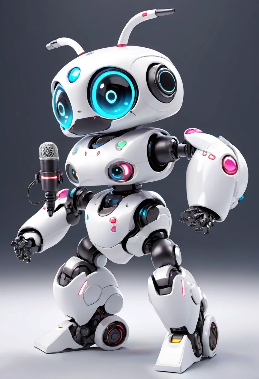 ((Board game themed robot)), 3D Rendering, Jongsuk Lee, Digital Art, Adorable glowing creatures, Nendoroid-like style, Futuristic Gear Shiny White Armor、A cute girl robot、Big eyes、antenna、Electronic display panel on chest、Holding the microphone close to his mouth while speaking、Smiling Kindly、((whole body、Background is white))、Are standing