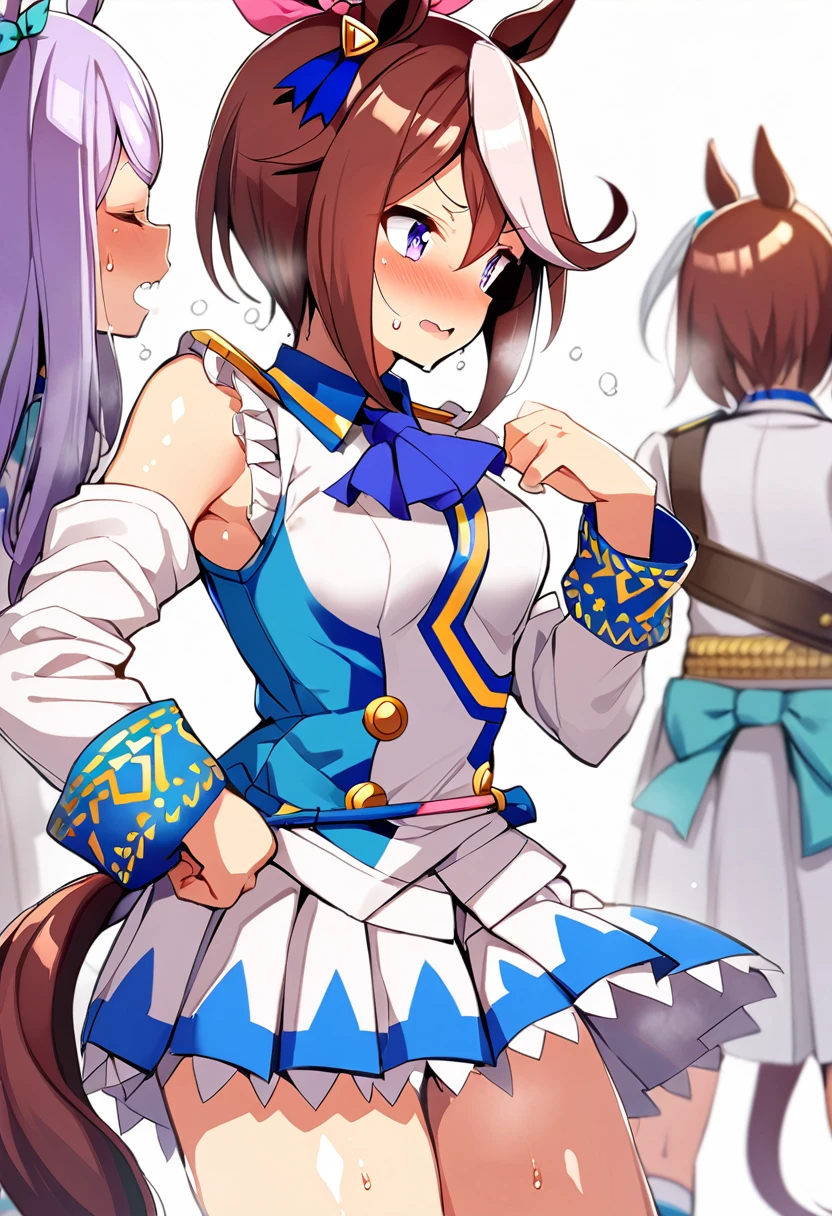 2Girl, tokai teio (umamusume), mejiro mcqueen (umamusume),umamusume,standing,shiny skin,sweat,Medium breasts,masterpiece,mid,
