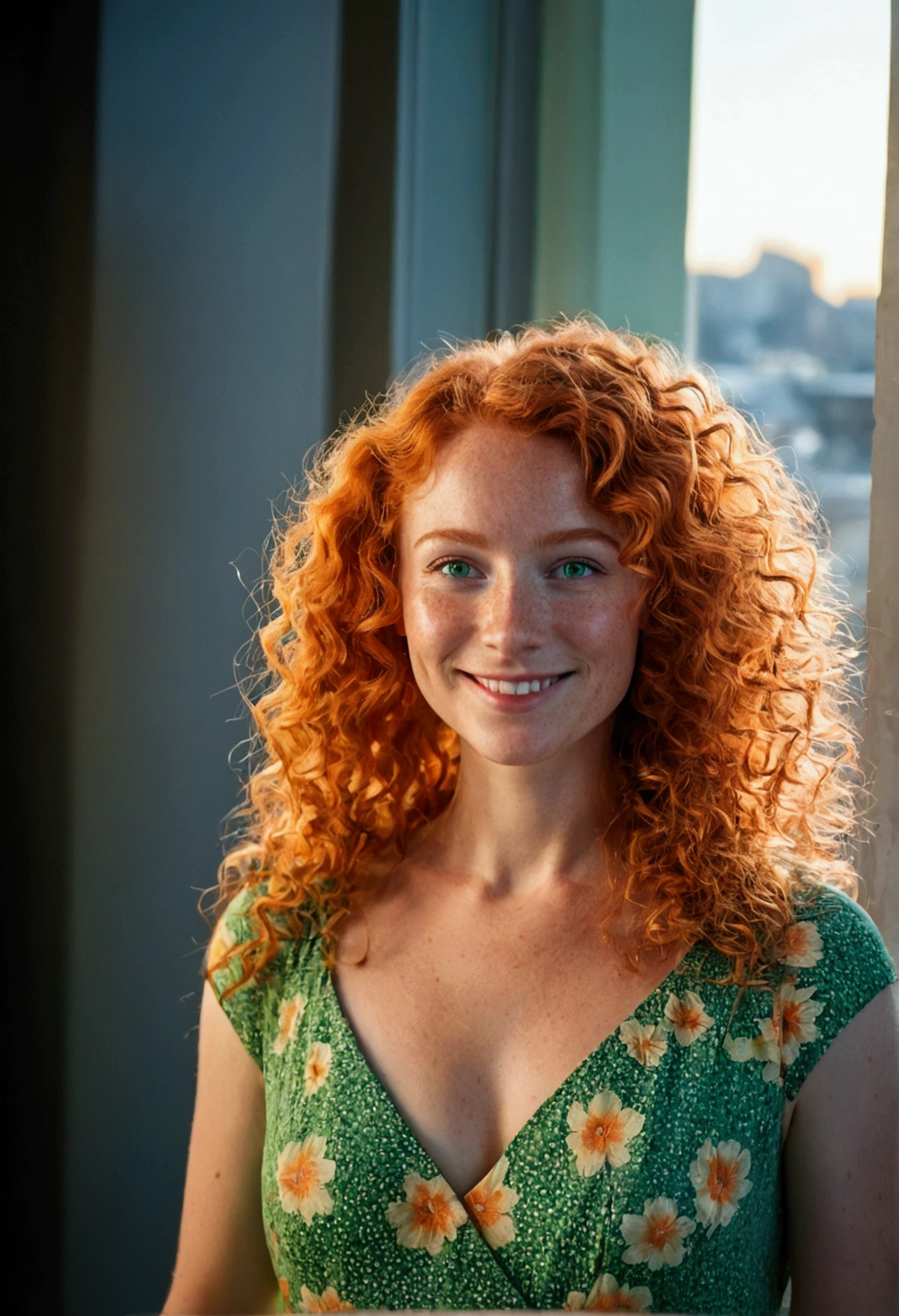 masterpiece portrait of a woman in Montreal at dawn, long hair, cute orange curly hair, smile, green eyes, freckles, floral print, dress, dawn, neon, rays of light, caustic, lens reflection, ((solo)), ishmael_limbus