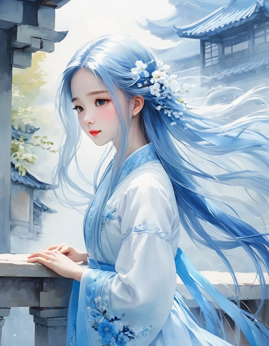 (((masterpiece,best quality))),((good structure,Good composition,good atomy)),((clear, original,beautiful)),1girl,long hair,( white blue theme:1.3),qingsha,seecolor,looking down,