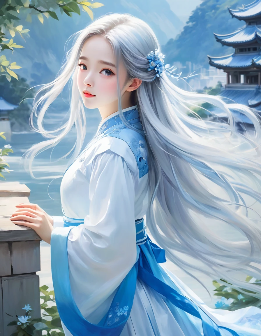 (((masterpiece,best quality))),((good structure,Good composition,good atomy)),((clear, original,beautiful)),1girl,long hair,( white blue theme:1.3),qingsha,seecolor,looking down,