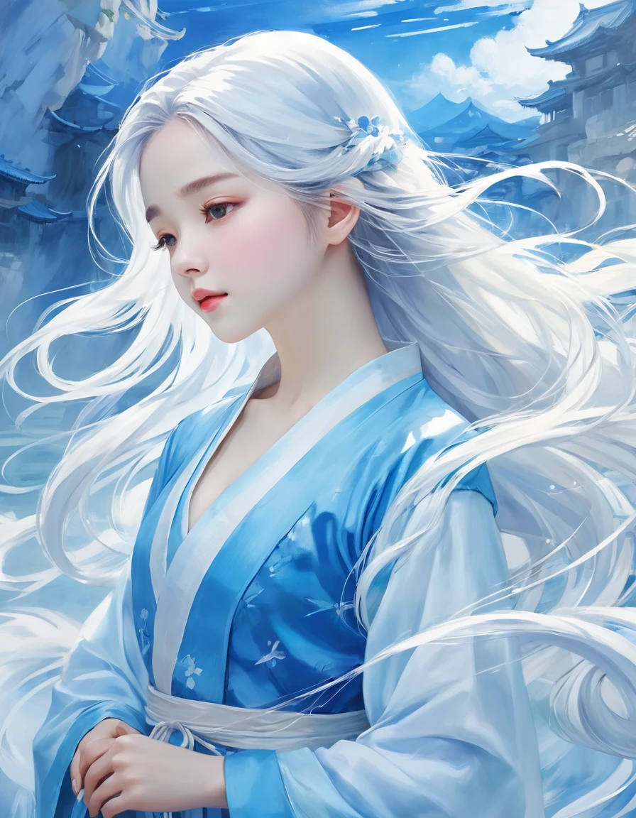 (((masterpiece,best quality))),((good structure,Good composition,good atomy)),((clear, original,beautiful)),1girl,long hair,( white blue theme:1.3),qingsha,seecolor,looking down,