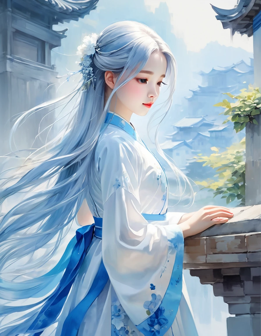 (((masterpiece,best quality))),((good structure,Good composition,good atomy)),((clear, original,beautiful)),1girl,long hair,( white blue theme:1.3),qingsha,seecolor,looking down,