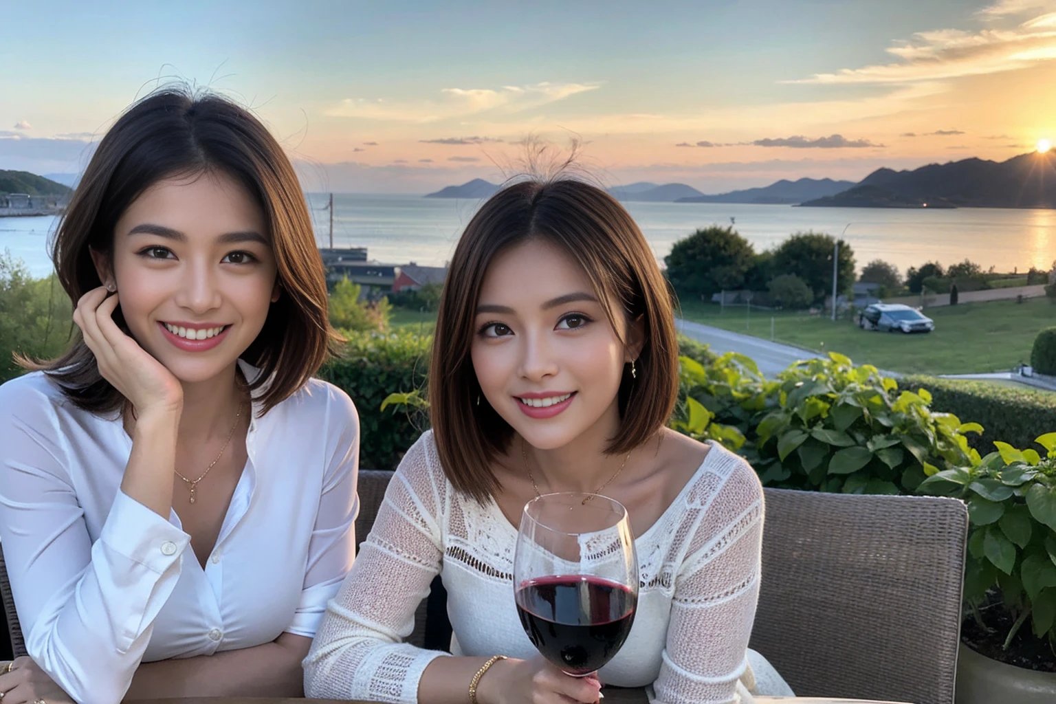 （Realistic:1.1）,(masterpiece,Highest quality)，8k,(40 years old), 42 years old, slimカップル、Model Couple、Actress/Actor、Tight waist,Upper Body,full-course dinner、wine 、Amazing view of the sunset sky and clouds、Perfect Anatomy, Brown Hair, Short Hair,Random Hairstyles,((Highly detailed face and eyes:1.2))(cute顔:1.4)，Beautiful actress face，Perfect golden ratio face，Long sleeve shirt、dress,(smile:1.2)、Shortcuts、cute、(Realistic, Intricate details:1.2), A bright smile、short hair,Bright Face、赤wine 、Appetizers、Italian food、wine bottle、Champagne、スパークリングwine、(slimな顔), (The body is slim), (Brown Hair), (Shortcuts),  Upper Body, 白wine, slim, wineグラス, 