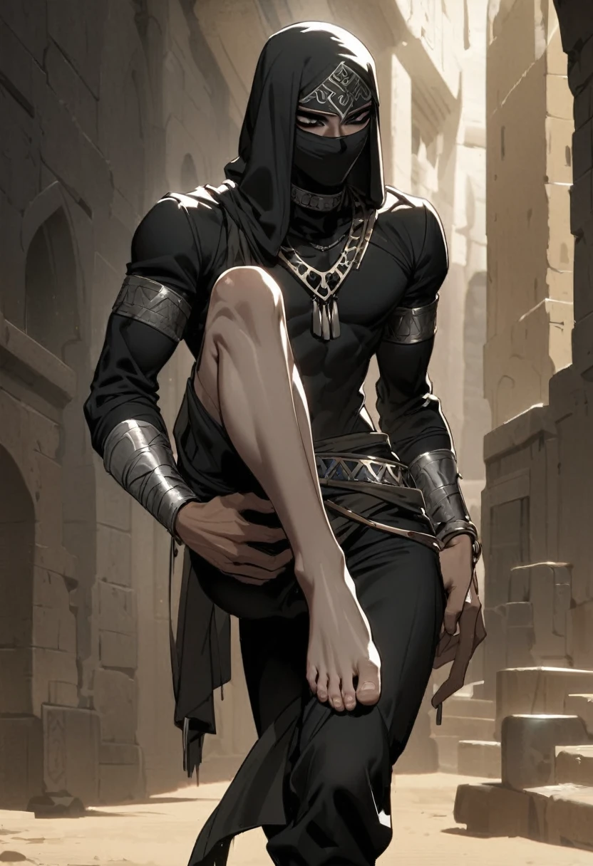 Male arab warrior, medivial, black balaclava, black bandage, black clothes, thin waist, skinny body, femboy, light skin, makeup, black eyeliner, big eyelashes, black eyeshadow, metal choker,  light tanned skin, black pants, holds his leg