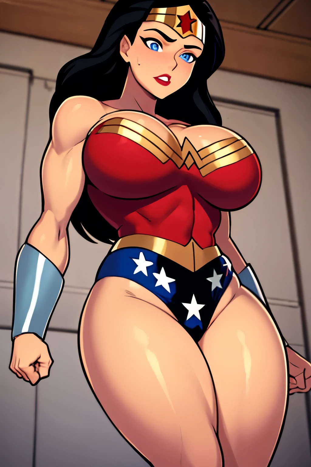 (((SUPERHEROINE WONDER WOMAN esta vestindo lingerie rendada branca, white lace pantyhose,  usando saltos super altos))), (((Acrobatic pose, Ela&#39;Pole Dance Studio))), ((Ela foi estuprada)) ,((SUPERHEROINE mulher maravilha com uniforme em farrapos, worn pantyhose)), (Wonder Woman is standing, on tiptoe), (Ela's crying a lot, ela tem cabelo preto, ela tem cabelo longo)), ((Ela wears a thick metal necklace around her neck..)), (obra-prima, melhor qualidade) 1.5, 1 garota, sozinho, (sensual, mulher bonita, rosto perfeito, olhos perfeitos), corpo inteiro. ((Ela is wearing white starry lace panties)), tears running down your face)), ((Mulher Maravilha em cativeiro, arms tied behind the back, Shibari, hands tied behind the back,painful restraint by ropes)