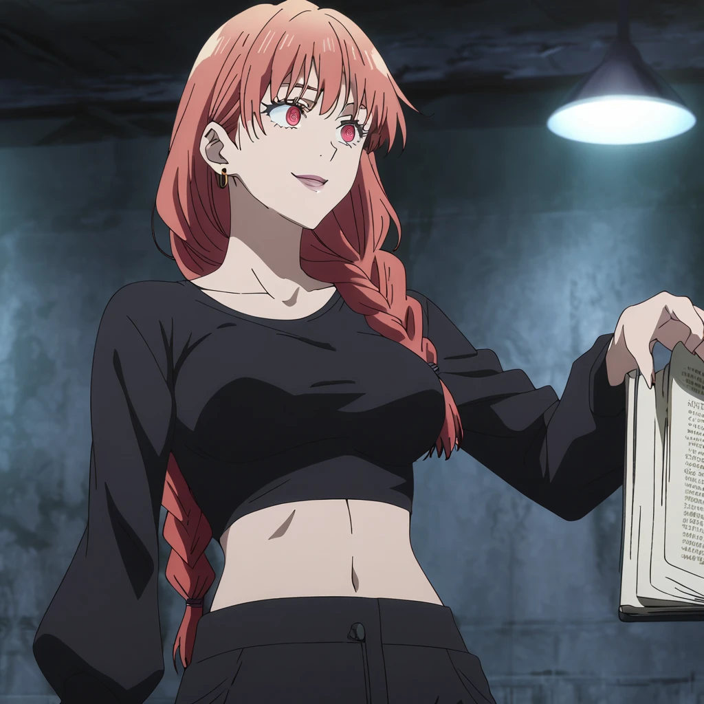 1girl, female gojo satoru, anime screencap from jujutsu kaisen, gojo satoru female version, solo, long_hair, ((red universal eyes)) ((Red_hair, low braid)), night view, (hanging breasts) upper_body, smile, indoors, book, lips, (long hair) ((wearing black colour crop top with full sleeves and black colour pant)) breast, "very detailed and high resolution"  ((solo)) (((front view))) (earings) ((high resolution)) ((good quality)) ((silky hair)) 