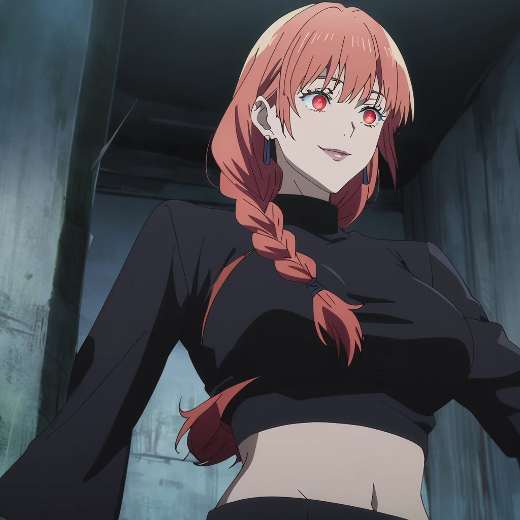 1girl, female gojo satoru, anime screencap from jujutsu kaisen, gojo satoru female version, solo, long_hair, ((red universal eyes)) ((Red_hair, low braid)), night view, (hanging breasts) upper_body, smile, indoors, book, lips, (long hair) ((wearing black colour crop top with full sleeves and black colour pant)) breast, "very detailed and high resolution" ((solo)) (((front view))) (earings) ((high resolution)) ((good quality)) ((silky hair))