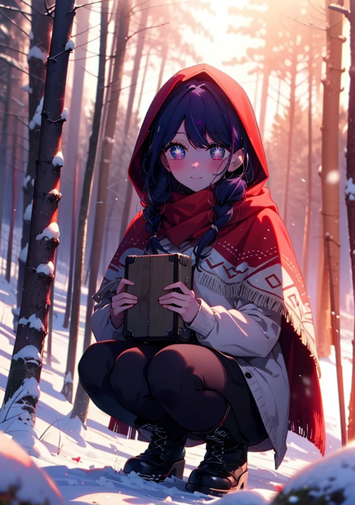 aihoshino, Ai Hoshino, Long Hair, bangs, (Purple eyes:1.1), Purple Hair, (Symbol-shaped pupil:1.5), smile,,smile,blush,white breath,
Open your mouth,snow,Ground bonfire, Outdoor, boots, snowing, From the side, wood, suitcase, Cape, Blurred, , forest, White handbag, nature,  Squat, Mouth closed, Cape, winter, Written boundary depth, Black shoes, red Cape break looking at viewer, Upper Body, whole body, break Outdoor, forest, nature, break (masterpiece:1.2), Highest quality, High resolution, unity 8k wallpaper, (shape:0.8), (Beautiful and beautiful eyes:1.6), Highly detailed face, Perfect lighting, Highly detailed CG, (Perfect hands, Perfect Anatomy),