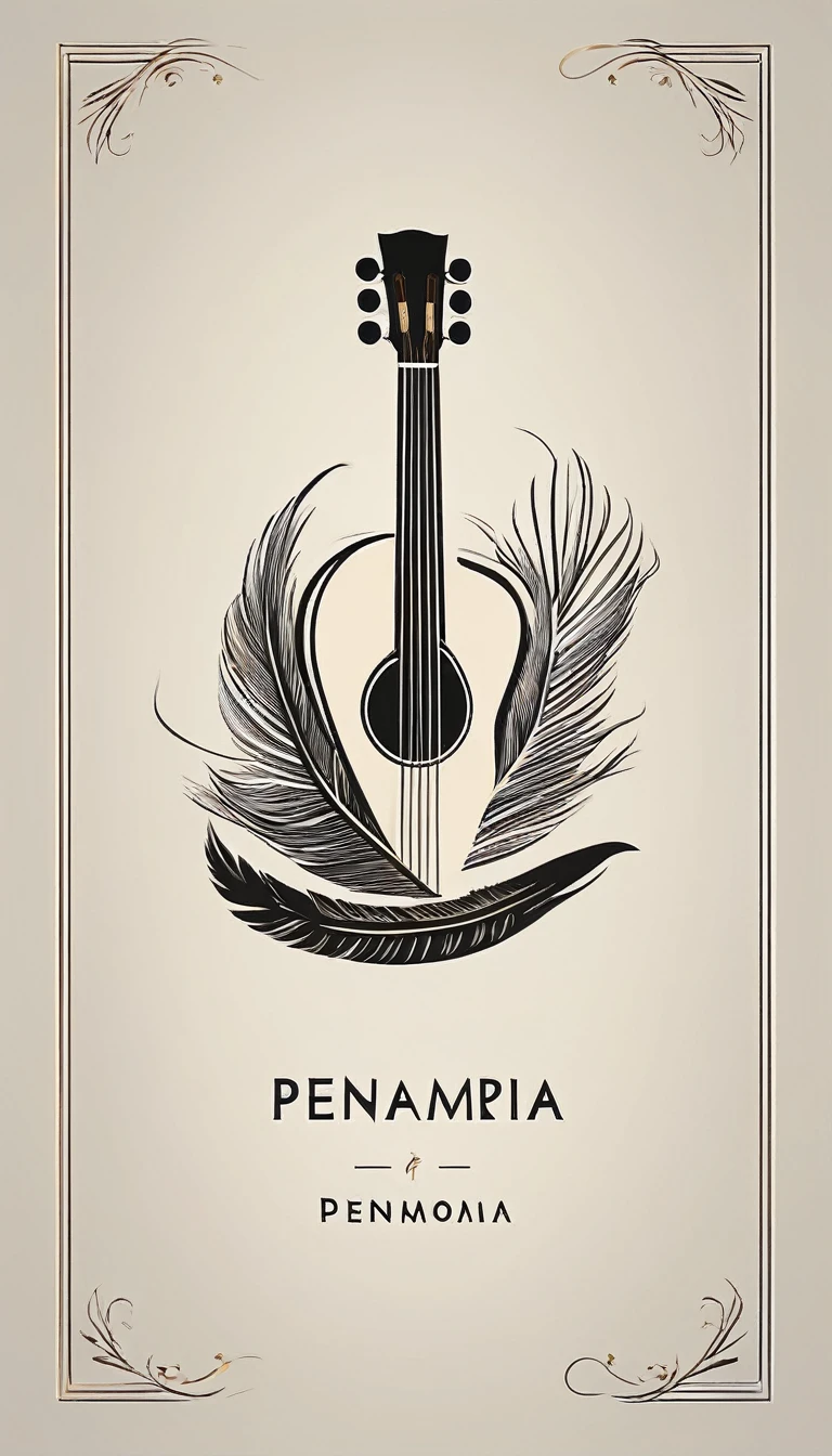 A minimal, high quality, modern, simple, cinematic symbol design for the brand “Penamemoria". The logotype must be a simple, magical feather and a boy playing acoustic guitar. The logo must convey a sense of music, stories and dreams. Logo design impressed on a book cover. Minimalistic logo