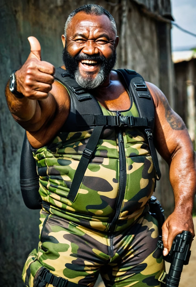 (a dark-skinned bearded fat muscular old man in a bulky army camouflage zipper diver suit) masturbating, thumbs up, carrying a gun, muscular, Bruce Onobrakpeya, sumatraism, stanley artgermm, action, heroic, fierce, grinning, best quality