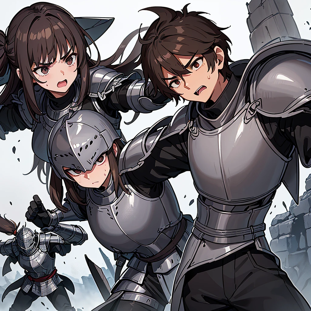 Best illustrations、Best Quality、(((Simple grey armor、Black trousers、Black gloveedium Hair、Brown Hair、Plate Armor、20 year old man)))、(((Fighting Pose)))、(Old ruins、desert。Grass)、Fall to the floor、(Black, muddy swamp)、(中世の騎士が10 people)、(Close your eyes、get annoyed、Open your mouth、Get angry、Sweat)、(lots of medieval knights、10 people)、battlefield、(From below)、(White background)
