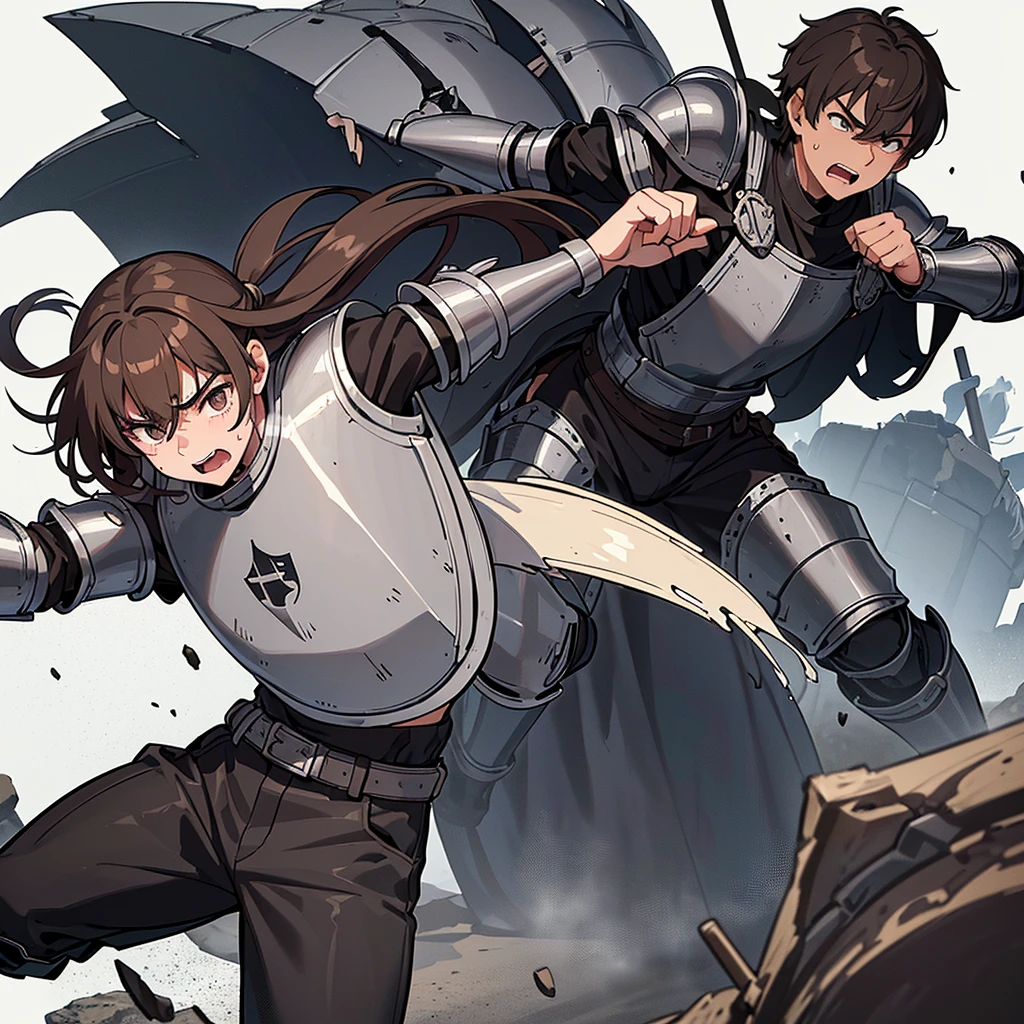 Best illustrations、Best Quality、(((Simple grey armor、Black trousers、Black gloveedium Hair、Brown Hair、Plate Armor、20 year old man)))、(((Fighting Pose)))、(Old ruins、desert。Grass)、Fall to the floor、(Black, muddy swamp)、(中世の騎士が10 people)、(Close your eyes、get annoyed、Open your mouth、Get angry、Sweat)、(lots of medieval knights、10 people)、battlefield、(From below)、(White background)