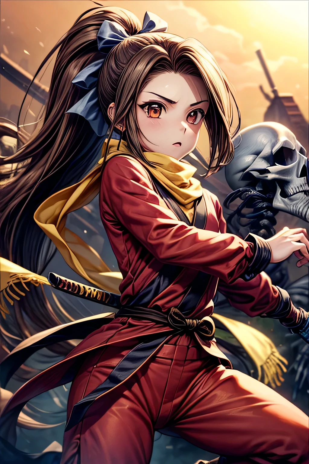 (masterpiece, best quality, ultra detailed), ((1girl)), brown hair, short katana, action pause, Fujibayashi Suzu, (red clothes), ***, pony tail, long hair, yellow scarf, dynamic pause,(((skelton))), battle between girl and monster,kunoichi,