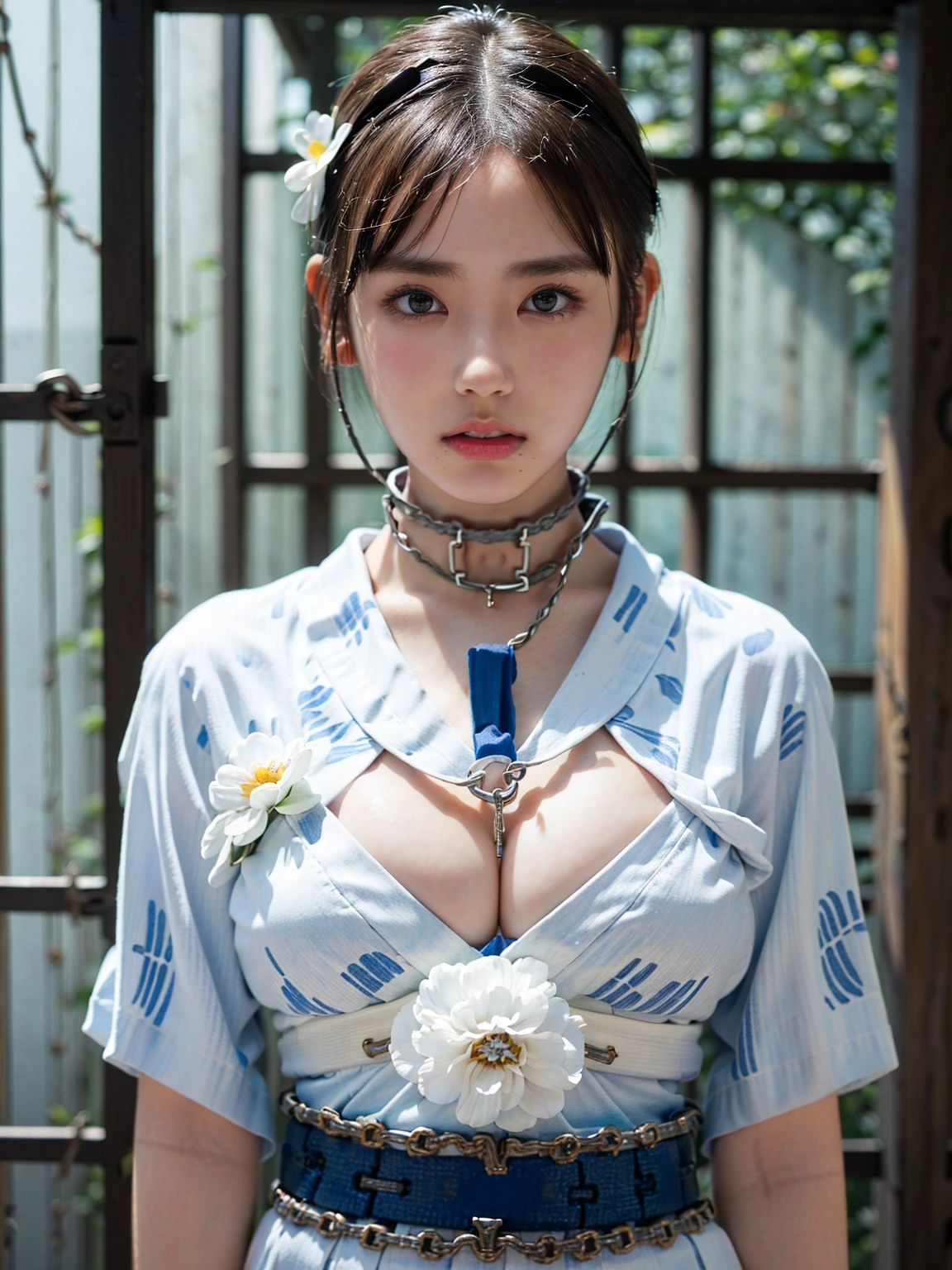(41k4:0.72), (aika-sawaguchi:0.6), masterpiece, Best Quality, 8K, Raw photo, top-notch quality, masterpiece, (wearing white yukata with a flower pattern:1.7), (exceptionally detailed RAW color photo, professional-grade photograph), (facing viewer:1.5), (BDSM:1.5), (bondage:1.7), (shackled:2.2), (chained:1.9), (slave:1.7), (wearing slave collar:1.7), (looking at viewer:1.4), (Realistic, Photorealistic:1.37), (highly detailed skin:1.2), Ultra-high resolution, (lens 50mm), (masterpiece, top-quality:1.3), (hyper realistic:1.35), (Photorealistic:1.45), (Realistic:1.4), ((solo)), (1 pretty Japanese girl), 21 years old, Japanese idol, supermodel, pale skin, (slim:1.3), (slim body:1.25), (slender body:1.25), (narrow waist:1.35), pretty face, (large breasts:1.15), (deep cleavage:1.4)