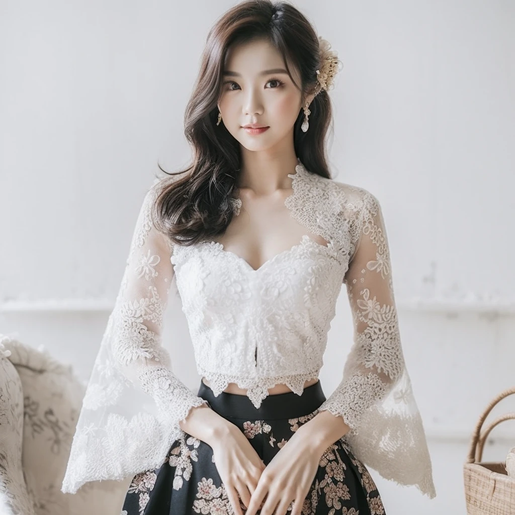 A beautiful Korean woman aged 20 years, wearing a white Balinese kebaya, full body, wearing a black floral patterned skirt, standing gracefully and taking photos, Background, photo studio, very detailed 8k 